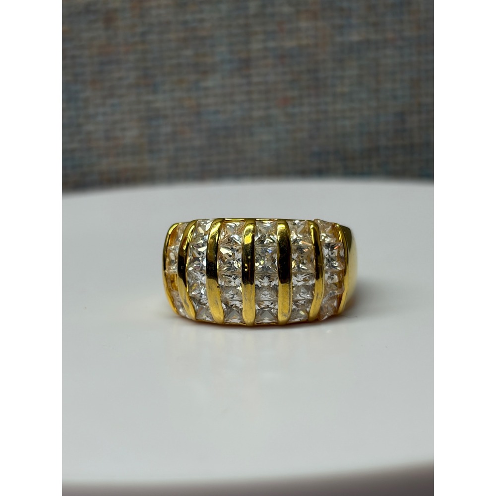 Gold Tone Wide Ribbed Pave Cubic Zirconia Statement Ring Size 9